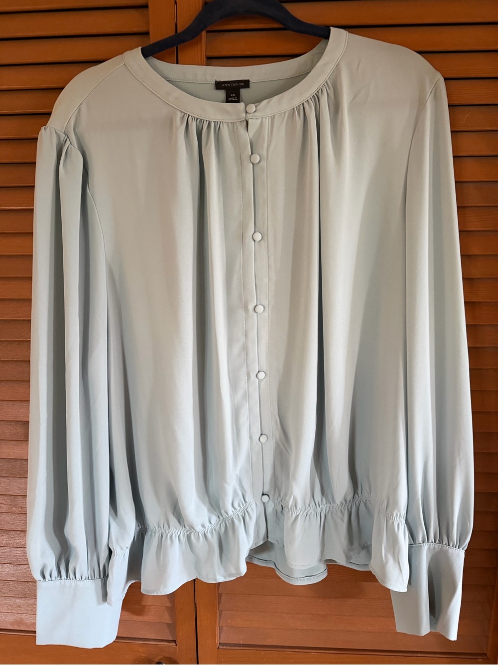 Ann Taylor Soft Pale Blue Ruffle-Hem Button Blouse